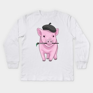 Pig Painter Paint brush Kids Long Sleeve T-Shirt